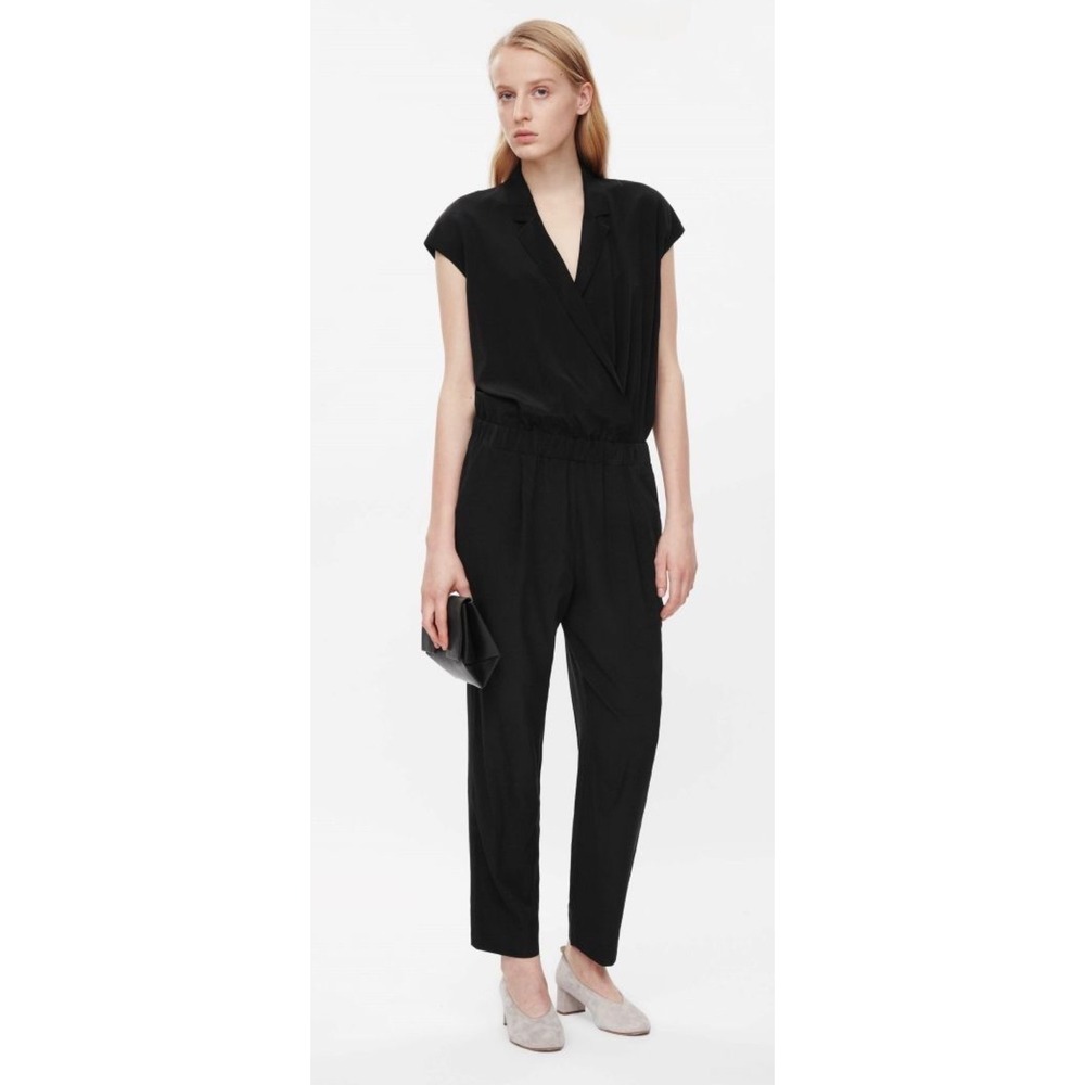 COS Black 100% Silk Wrap V-Neck Jumpsuit Cap Sleeve Tapered Leg Pockets Chic
